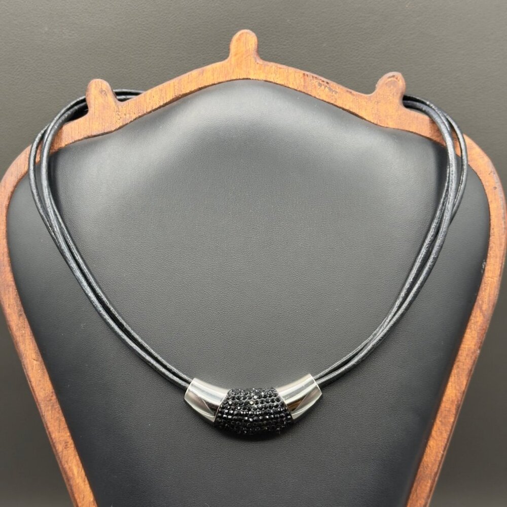 Milor Italy Stainless Steel Black Crystal Necklace Multi Strand Cord 20"